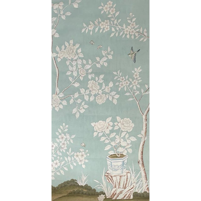 Chinoiserie Hand Painted Floral Wallpaper on Blue Tea Paper Panel 36"x72"/Panel For Sale