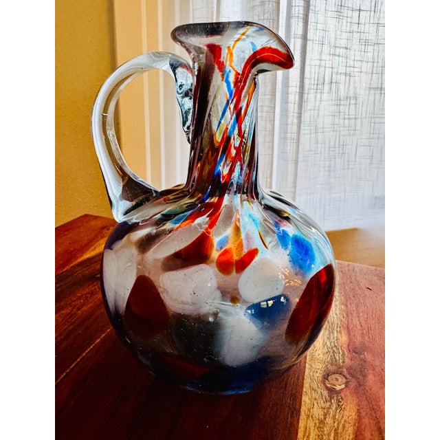 Late 20th Century Hand Blown Studio Art Glass Pitcher With Abstract Color Inclusions For Sale - Image 4 of 7