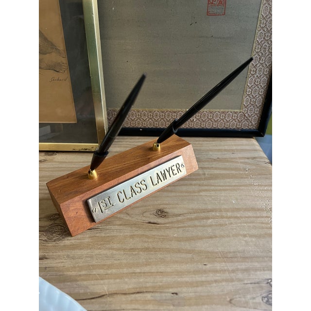 Wood 1970s 1st Class Lawyer Wooden Brass Pen Holder For Sale - Image 7 of 9