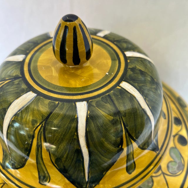 Italian Hand Painted Green and Yellow Ceramic Urn With Lid For Sale - Image 9 of 13