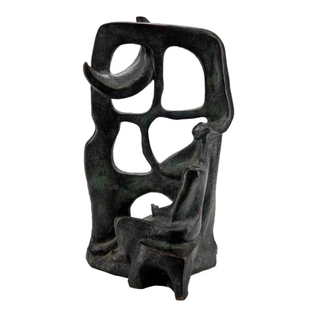 Unknown, Woman In The Moonlight at the Window Latin American Bronze Modernist Sculpture, 1985 For Sale