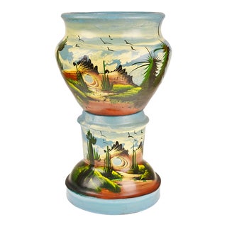 Vintage Hand Painted Mexican Jardiniere W/ Stand For Sale
