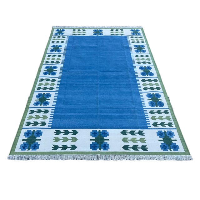 Not Yet Made - Made To Order Handmade Cotton Natural Vegetable Dyed Reversible Indigo Blue Cream and Green Leaf Pattern Rug Dhurrie - 10'x14' For Sale - Image 9 of 11