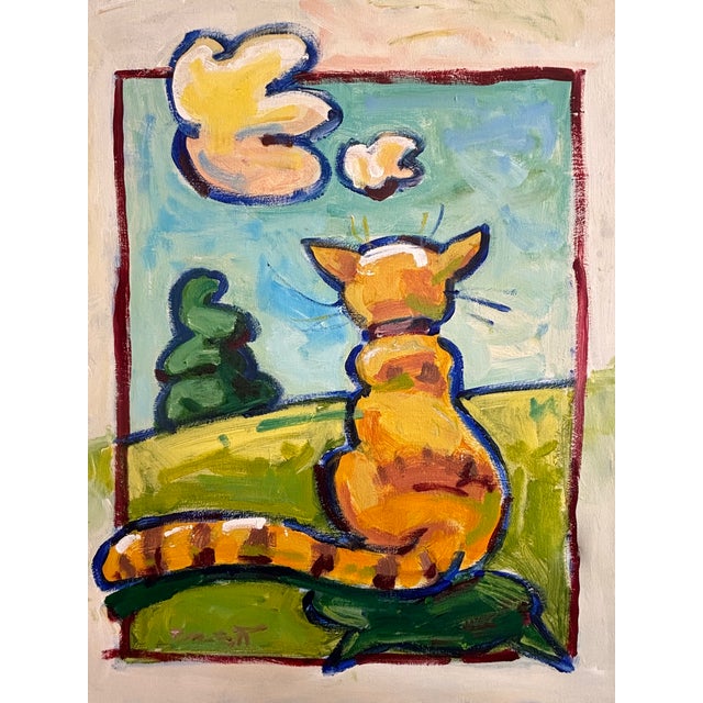 Wood Late 20th Century Pop Art Cat Oil Painting, Signed For Sale - Image 7 of 7