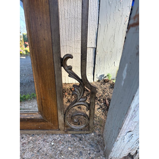 Large Vintage Mediterranean Beveled Wood & Gilt Metal Scrollwork Mirror For Sale - Image 4 of 17