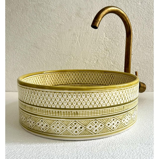 Boho Chic Light Green Handcrafted Ceramic Round Vessel Washbasin Sink With Brass Drain For Sale - Image 3 of 8