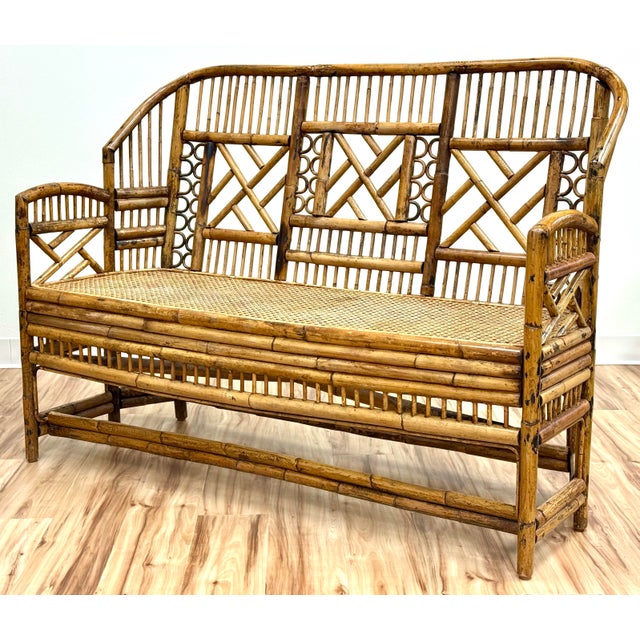 Mid 20th Century Vintage Brighton Pavilion Style Chippendale Bamboo Caned Seat Bench Settee For Sale - Image 5 of 11
