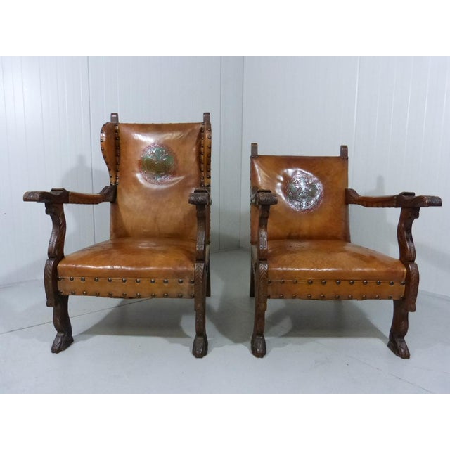 Set of Antique Leather Armchairs with Carps Print, 1890s For Sale - Image 13 of 18