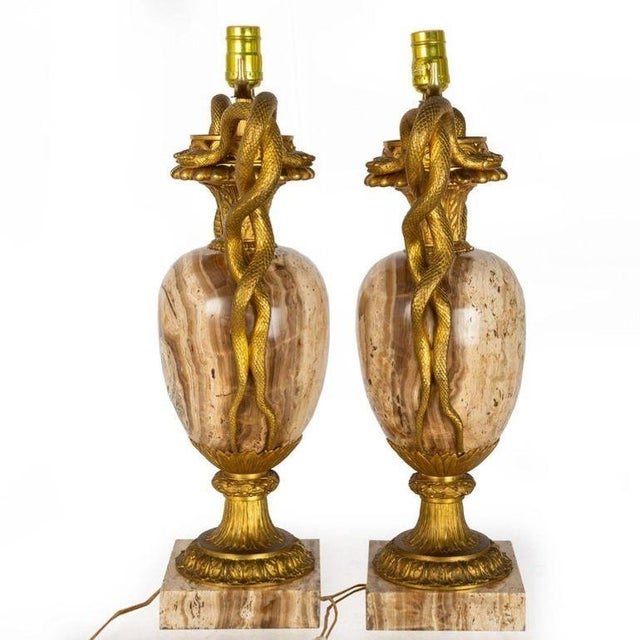 Pair of French Louis XVI Gilt Bronze Lamps With Snake Handles Circa 1870 For Sale - Image 4 of 12