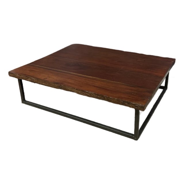 1950s Vintage Mid Century Modern Low Coffee Table With SolidWood Slab Top and Metal Base For Sale