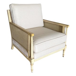 Late 20th Century Neutral Cane Panel Lounge Chair With Striped Upholstery For Sale