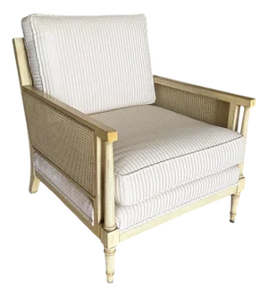 Late 20th Century Neutral Cane Panel Lounge Chair With Striped Upholstery