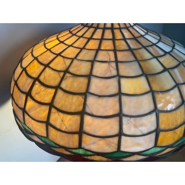 Glass Antique Tiffany Studios Style Bronze Glass Lamp Numbered For Sale - Image 7 of 11