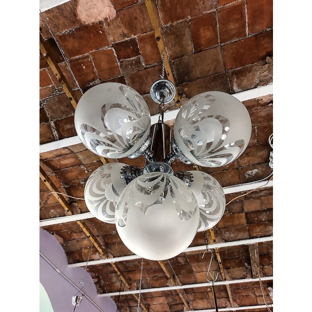 Vintage Art Deco Style Chandelier with Etched Glass Shades and Chrome Finish, 1970s For Sale - Image 4 of 9