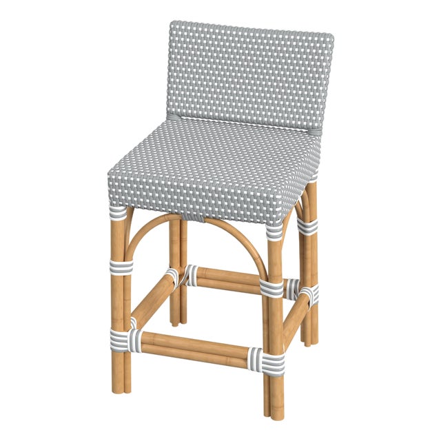 Serienna 24.5 in. Seat Height Rectangular Rattan Low Back Counter Stool, Gray/White Dot / Natural Rattan Frame For Sale