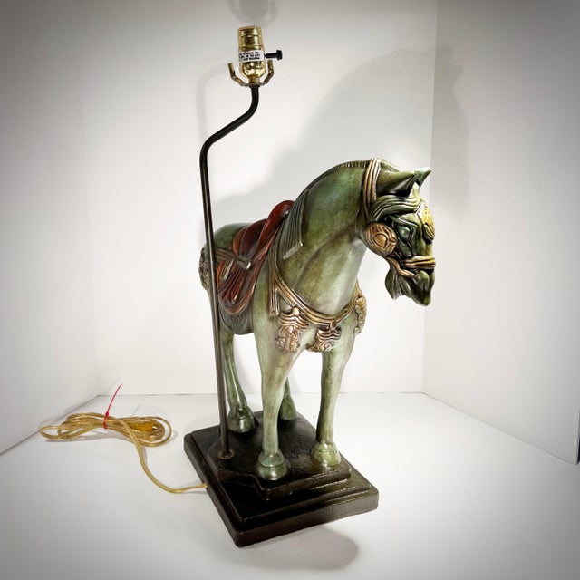 Mid-Century Modern Pair of Monumental Tang Dynasty–Style Horse Lamps – Hollywood Regency Vibes For Sale - Image 3 of 8