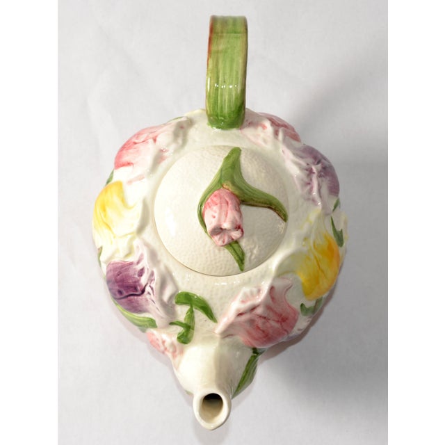 1993 Vintage Fitz & Floyd Majolica Ceramic Embossed Tulip Flowers Tea Coffee Pot For Sale - Image 13 of 18