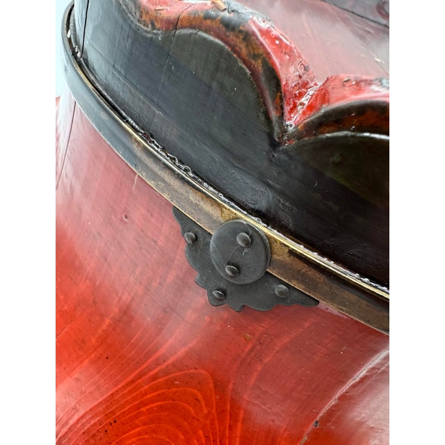 Antique Asian Red Lacquered Wood Covered Rice Bowl With Metal Hardware For Sale - Image 10 of 10