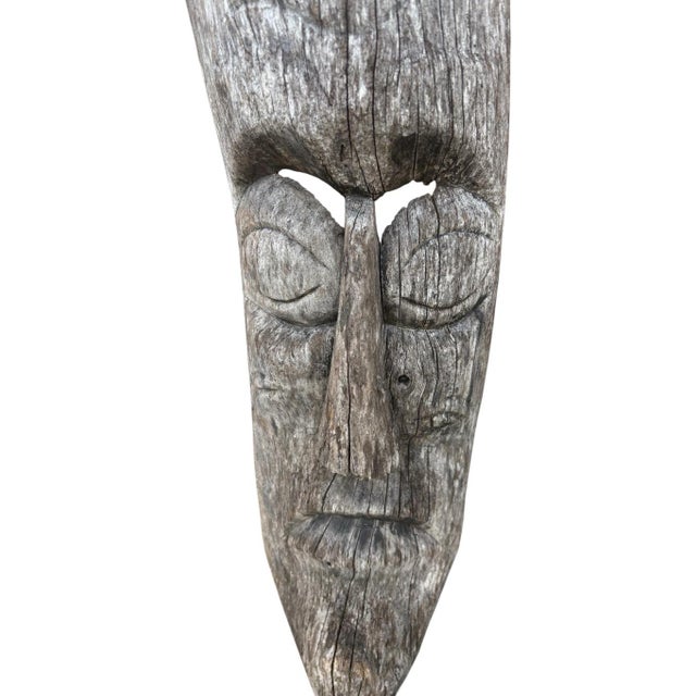 Contemporary Late 20th Century Carved Wooden Face Mask, Weathered Wood Sculpture, Elongated Rustic Wall Decor, Organic Modern Boho Art For Sale - Image 3 of 9
