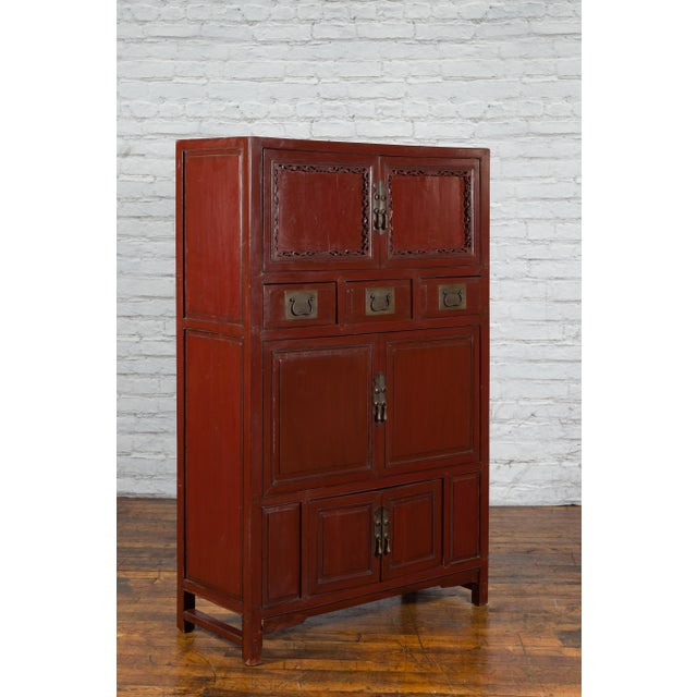 Red Lacquer Cabinet With Multiple Carved Doors From China, Mid-19th Century For Sale - Image 4 of 12