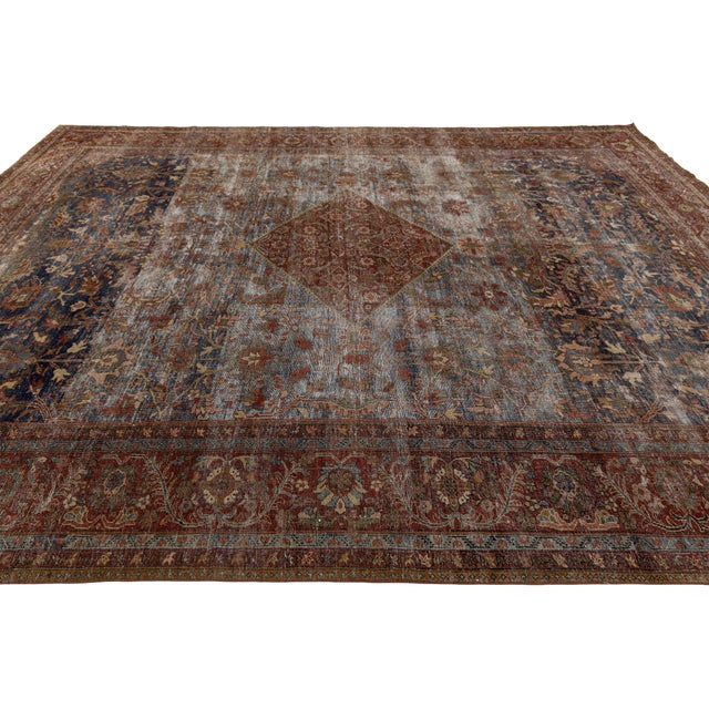 Textile 19th Century Antique Mahal Wool Rug With Faded Indigo & Rust Medallion For Sale - Image 7 of 11