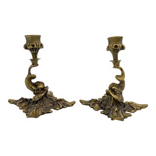 Early 20th Century Brass Dolphin Candlesticks - a Pair For Sale