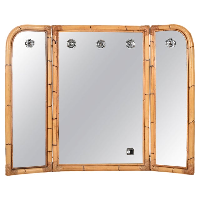Mid-Century Italian Triple Folding Bamboo Mirror with Dimmable Lighting, 1970s For Sale