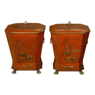19th Century English Victorian Red Lacquer Cellarettes with Chinoiseries - a Pair For Sale