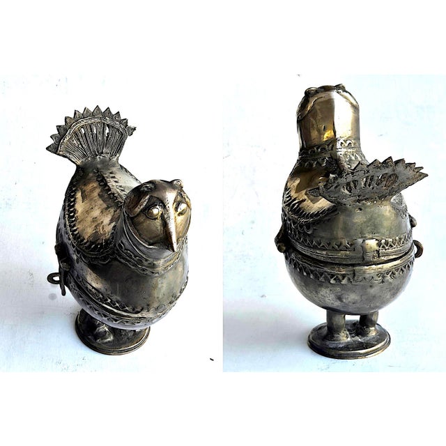 Bronze Vintage Indian Dhokra Bronze Pewter Bird Pedestal Lidded Box For Sale - Image 8 of 14