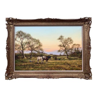 English Countryside Art - Horse Drawn Plough With Two Horses Ploughman and Dog by British Landscape Artist, 1990 Circa For Sale