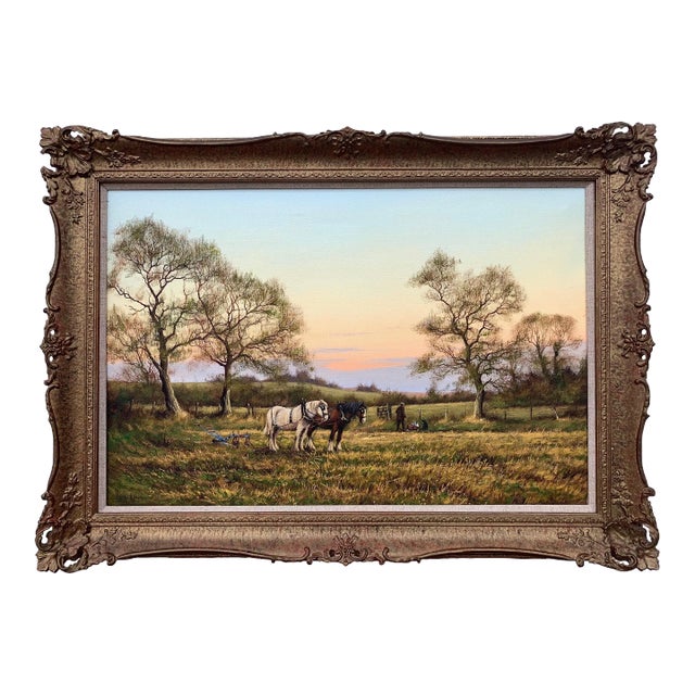 English Countryside Art - Horse Drawn Plough With Two Horses Ploughman and Dog by British Landscape Artist, 1990 Circa For Sale
