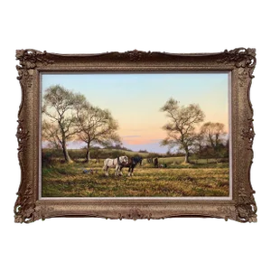 English Countryside Art - Horse Drawn Plough With Two Horses Ploughman and Dog by British Landscape Artist, 1990 Circa