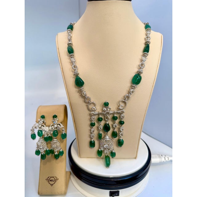 Green 176ct Large Bead Emerald & 27 Ct Diamond Necklace & Earring Bridal Suite 18 Kt For Sale - Image 8 of 8