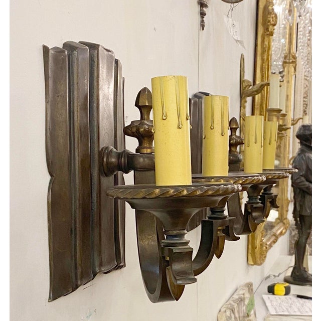 Mid 20th Century Restored Traditional Bronze 2 Arm Wall Sconces - a Pair For Sale In New York - Image 6 of 7