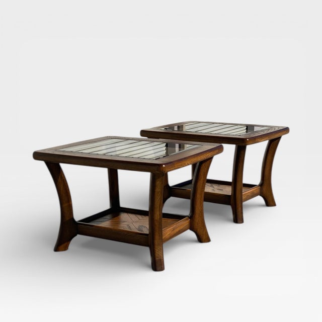 Chestnut Pair of Late Mid-Century Oak Side Tables With Smoked Glass Tops, Mid-Century Modern, 1970s For Sale - Image 8 of 18