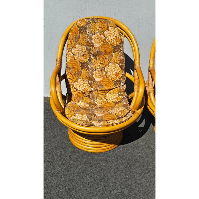 1970's Pair of Vintage Bamboo Rattan Mid Century Modern Swivel Orange Chairs For Sale - Image 4 of 18