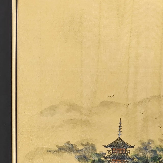 Late 20th Century Mid-Century East Asian Landscape on Moiré Silk With Pagoda 24.5" For Sale - Image 5 of 11