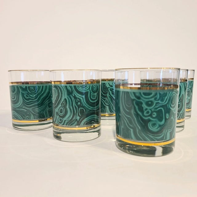 Art Deco Set of 6 Vintage Malachite and Gold Glasses For Sale - Image 3 of 6
