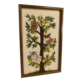 Framed Owl Embroidered Textile For Sale