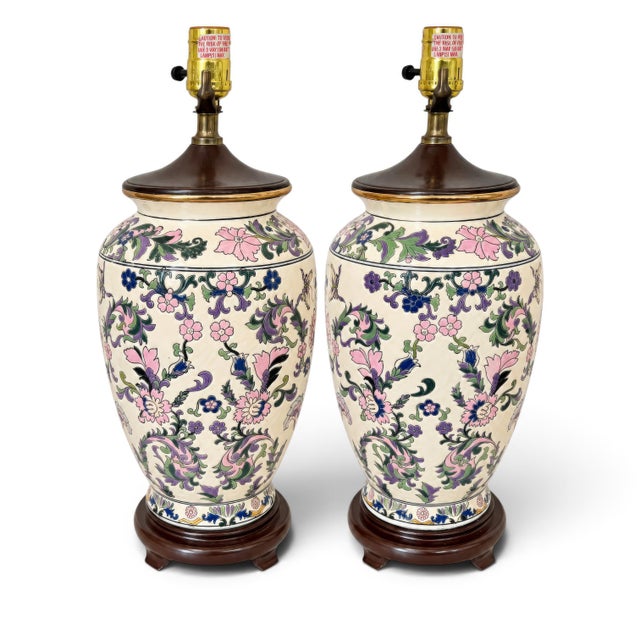 1970s Ornate Floral Ceramic Urn Table Lamps With Carved Wood Bases - a Pair For Sale - Image 4 of 13