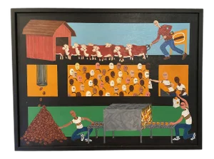 1990s "The Food Cycle" Folk Art Figurative Oil Painting by Gabriel Fernandez, Framed