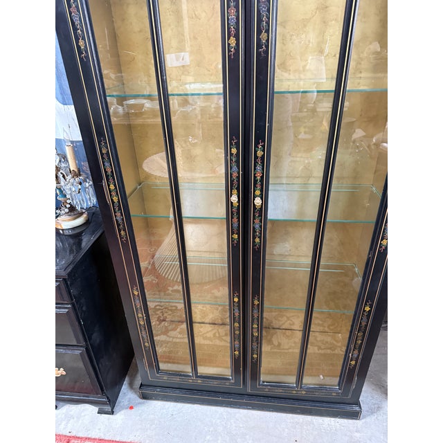 Chinoiserie Vintage Chinoiserie Decorated Black Lacquer Display Cabinet For Sale - Image 3 of 14
