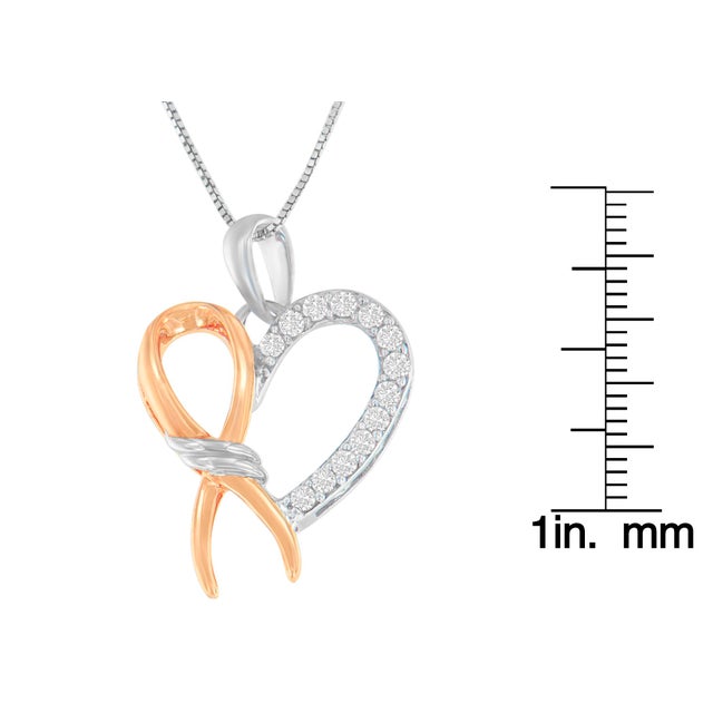 Two-Toned .925 Sterling Silver 1/5 cttw Round Cut Diamond Ribbon Heart Accent Pendant Necklace (H-I, I2-I3) For Sale - Image 4 of 4