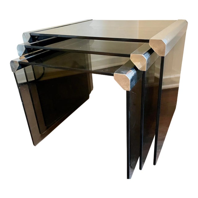 1970s Italian Chrome Nesting Coffee Tables With Smoked Glass Top- Pierangelo Gallotti - Set of 3 For Sale