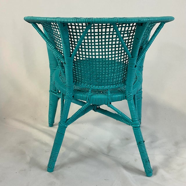Vintage Coastal Boho Chic Turquoise Painted Wicker Chair. For Sale - Image 9 of 10