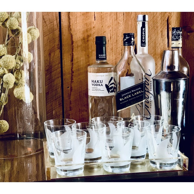 Set of 8 vintage etched sailboat transparent crystal cocktail lowball glasses in the style of 'Artel'. A sleek crystal...
