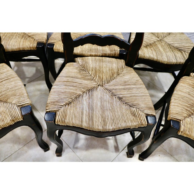 French Country Vintage French Oak Dining Chairs With Rush Seats For Sale - Image 3 of 5