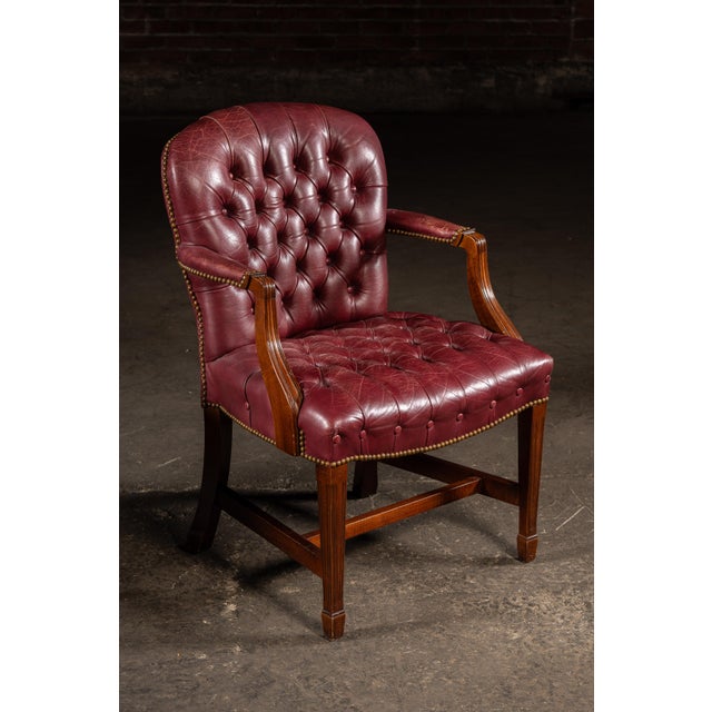 Wood Late 20th Century Pair of Tufted Leather Round-Back Dining Chairs in Burgundy For Sale - Image 7 of 12