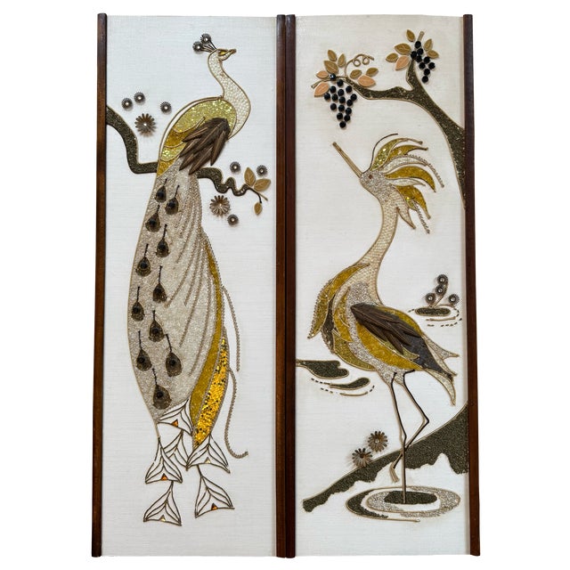 Pair of Mid 20th Century Mixed-Media Peacock & Egret Wall Art Panels For Sale - Image 10 of 11
