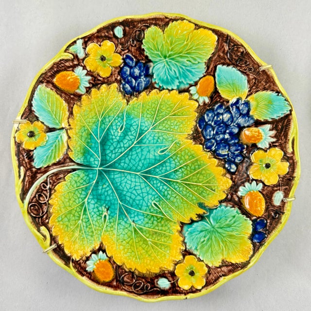Mid 19th Century Samuel Alcock Strawberry & Grape Leaf Majolica Plates, Set of Two For Sale - Image 5 of 16